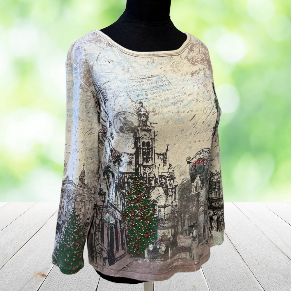 Vintage Christmas Top Victorian City Scene Art Print Rhinestone Made in USA Sz L